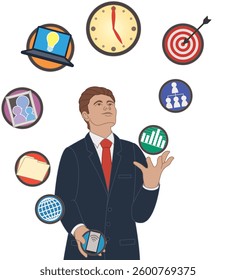 business man juggling multiple business icons, concept of managing all aspects of business, isolated on a white background