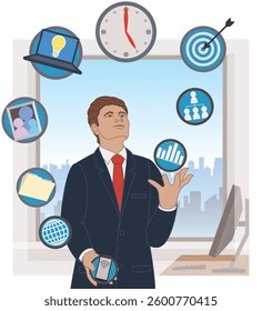 business man juggling multiple business icons, concept of managing all aspects of business, in an office with city skyline view in the background