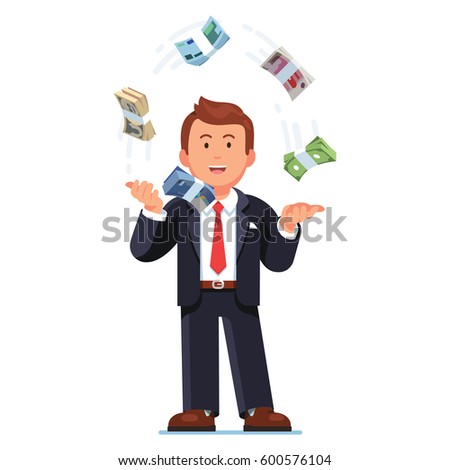 Business man juggling world reserve currencies. Speculating international money exchange rates. Trader throwing Dollars, Euros, Pounds, Yuan & Yen cash bundle straps in air. Flat vector illustration.