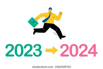 Business man jump between 2023 and 2024 years. Business concept. Welcome Happy New Year 2024. Flat vector illustration isolated on white background
