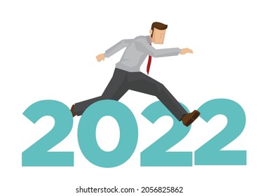 Business man jump over 2022. Success new year concept or reaching out to the year of 2022 in the business world. Flat Vector cartoon illustration.
