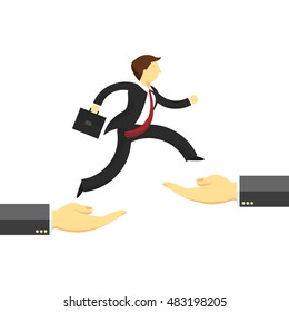 Business man jump over hands. Cartoon Vector Illustration.