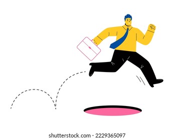 Business man jump pass pitfalls to achieve business success. Flat vector illustration isolated on white background
