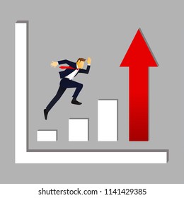 business man jump or step forward. moving to the goal with growth diagram or chart. investment , marketing and financial opportunities. cartoon vector illustration.