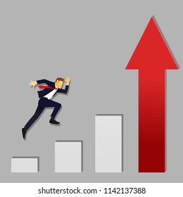 business man jump or step forward. moving to the goal with growth diagram or chart. investment , marketing and financial opportunities. cartoon vector illustration.