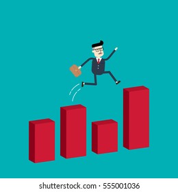 Business man jump or step forward. moving to the goal with growth diagram or chart. investment , marketing and financial opportunities, Flat style vector illustration EPS 10.
