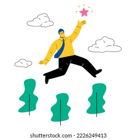 Business man  jumped into the sky for a star. way to success. Flat vector illustration isolated on white background
