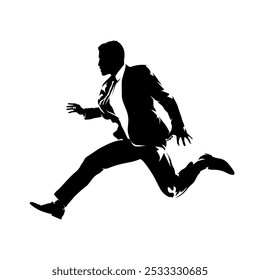Business man jumpimg. Jump in suit, isolated vector silhouette, side view