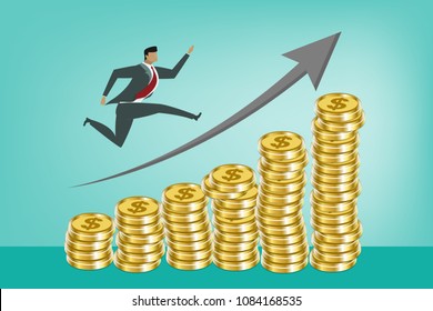 business man jumping on the stack of golden coin