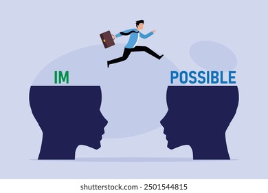 business man jumping over big head and breaking the impossible into possible 2d flat vector illustration