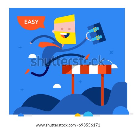 Business Man jumping over an obstacle on a running track on the way to succes. Vector modern flat style cartoon character illustration.