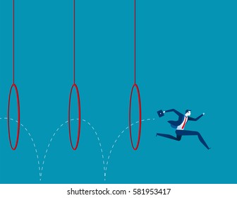 Business man jumping through hoops. Concept business illustration. Vector flat