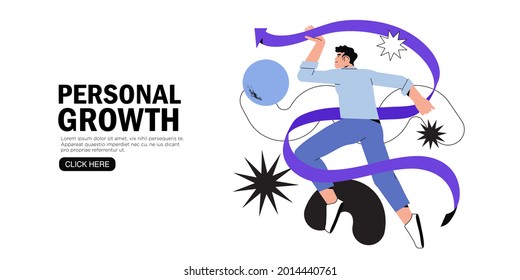 Business man jumping trying to reach top of arrow through obstacles to his goal. Business developement, career success or growth and opportunity, startup concept banner, web page. Creative character.