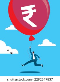 Business man Jumps to hold money balloons. People finance success concept. Graphic minimal simple management information idea