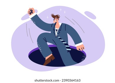 Business man jumps out of hole after fall, demonstrating unwillingness to give up and leadership ambitions. Purposeful guy strives to achieve success in business and in managerial career