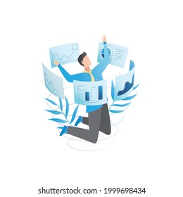 Empresario salta en presentaciones, proyectos, exámenes gráficos, riesgos, análisis de diagramas. Trabajador vectorial observa las estadísticas, los datos, la información, el trabajo de los planes, desarrolla una estrategia exitosa. Comerciante.