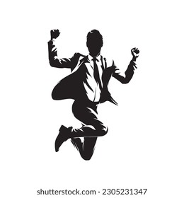 Business man jumps and rejoices in success. Gesture of success, clenched fists. Isolated vector silhouette