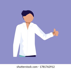 Geschäftsmann hält seine Hand mit einem tollen Daumen hoch. Gut oder gut. Einzeln auf Violett. Flache Kunstvektorgrafik