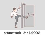Business man kicks door bursting into office of competitors, violated business ethics. Guy, company manager, breaks down door, demonstrating willingness to do anything to achieve goal.