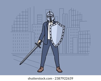 Business man with knight shield is preparing for battle, concept of corporate wars between competitors. Business warrior with sword in hand experiences ambition to fight problems and grow career