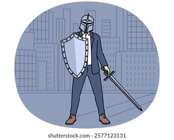 Business man with knight shield is preparing for battle, concept of corporate wars between competitors. Business warrior with sword in hand experiences ambition to fight problems and grow career