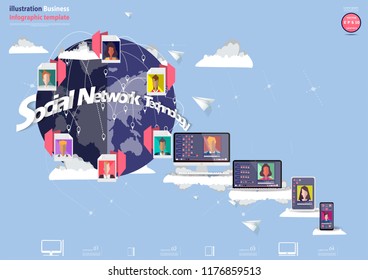 Business man and Lady  - Contact communicate -Social Network Technology Text - Cellphone,Tablet ,Laptop,Computer,icon,Cloud, Paper  rocket fold,Earth, Folder icon - Illustration modern  Infographics.