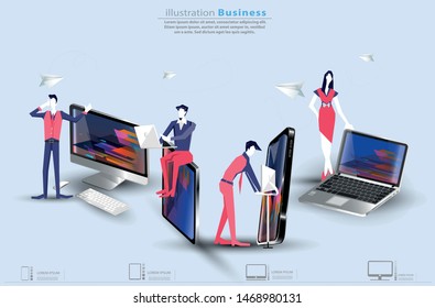 Business  man and  Lady  teamwork  Brainstorming,Contact communicate  with Cellphone,Tablet, Laptop,Computer, icon,  paper  rocket fold - creativity modern Idea and concept Infographics template.