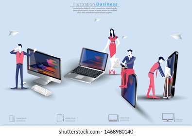 Business  man and  Lady  teamwork  Brainstorming,Contact communicate  with Cellphone,Tablet, Laptop,Computer, icon,  paper  rocket fold - creativity modern Idea and concept Infographics template.