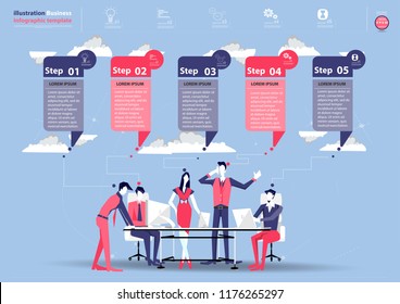 Business  man and  Lady  teamwork -   Idea and Concept - modern Vector illustration Business   Infographics Template with Speech bubbles 5 Step, icon,Cloud,.  