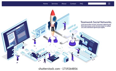 Business  man and  Lady  teamwork social networks.Startup concept with rocket launch. Can use for web banner, infographics, Flat isometric vector illustration.
