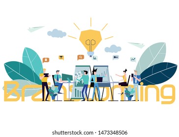 Business  man and  Lady teamwork  Text  Brainstorming,Contact communicate, with Cellphone,Tablet, Laptop,Computer, icon, paper  rocket fold - Idea  concept creativity  innovation technology modern.