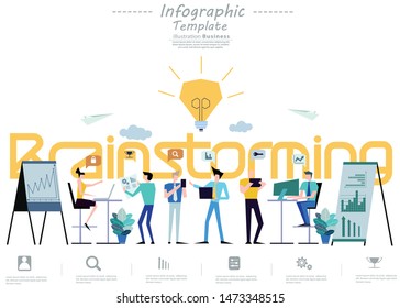 Business  man and  Lady teamwork  Text  Brainstorming,Contact communicate,  with Cellphone,Tablet, Laptop,Computer, icon, paper  rocket fold - Idea   creativity   technology Infographics template.