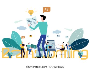 Business  man and  Lady teamwork  Text  Brainstorming,Contact communicate, with Cellphone,Tablet, Laptop,Computer, icon, paper  rocket fold - Idea  concept creativity  innovation technology modern.