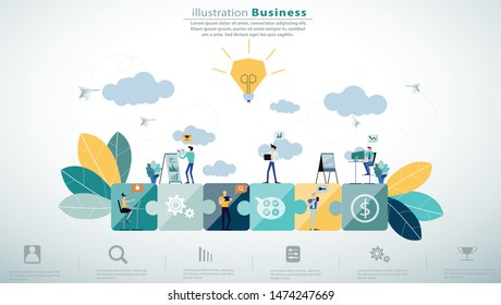   Business  man and  Lady teamwork,Contact communicate, with Cellphone,Tablet, Laptop,Computer, icon, Jigsaw,paper  rocket fold - Idea   creativity   technology modern Infographics template.