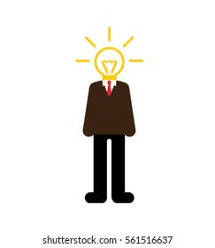 Business Man with lamp bulb instead of the head. Thinking male with idea. Vector illustration