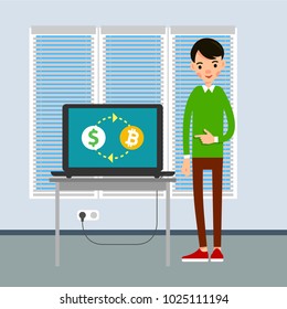 Business man with laptop. Businessman working with laptop computer changing dollars for bitcoin, business character working in office. Flat style color modern illustration. Vector
