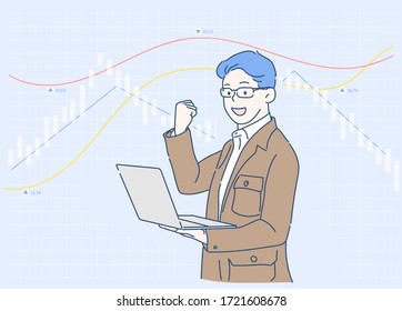 A business man with a laptop and confidently lifting his fist when analyzing that business grows. Hand drawn in thin line style, vector illustrations.