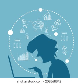 business man with a laptop in Flat design, drawing business strategy plan, business background, Vector illustration.
