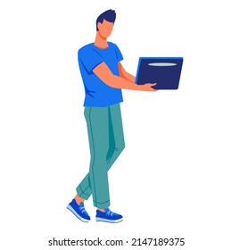 Hombre de negocios con ilustración vectorial plana portátil aislada en fondo blanco. Hombre trabajando en un ordenador portátil.