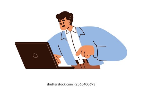 Business man at laptop. Happy office worker, employee at computer during professional online virtual communication, speaking at internet call. Flat vector illustration isolated on white background