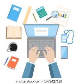 business man with a laptop, illustration of office work. top view isolated white background