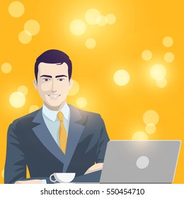 business man and laptop on yellow background with vector