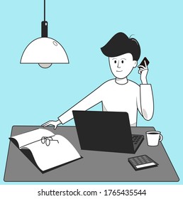 Business man with laptop and phone works at home.