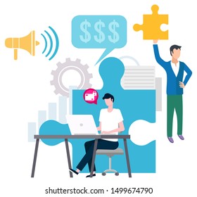 Business man with laptop sitting in office icon of lock and protection. Security and puzzles. Businessman with jigsaw pieces bullhorn megaphone. Teamwork concept. Join our team. Vector in flat style