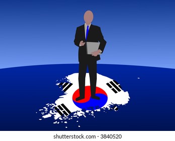 business man with laptop standing on map of Korea