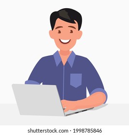 Hombre de negocios y laptop. Trabajar en la computadora. Ilustración vectorial en estilo de caricatura
