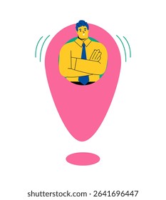 Business man with large map pointer. Flat vector illustration isolated on white background 
