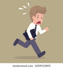 Business man late for work, man trying to get to work place, bad time management and irresponsible employee. Cartoon flat vector illustration