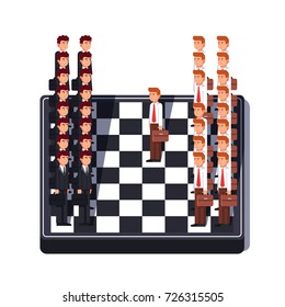 Business man or lawyer groups standing in lines on opposite sides of chess board game match. One making first move. Corporate strategy and lawsuits battles metaphor. Flat isolated vector illustration.