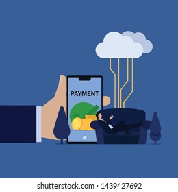 Business man lay on sofa holding phone internet connected and get money metaphor of remote work from home. Illustration For Wallpaper, Banner, Background, Book Illustration, And Web Landing Page.